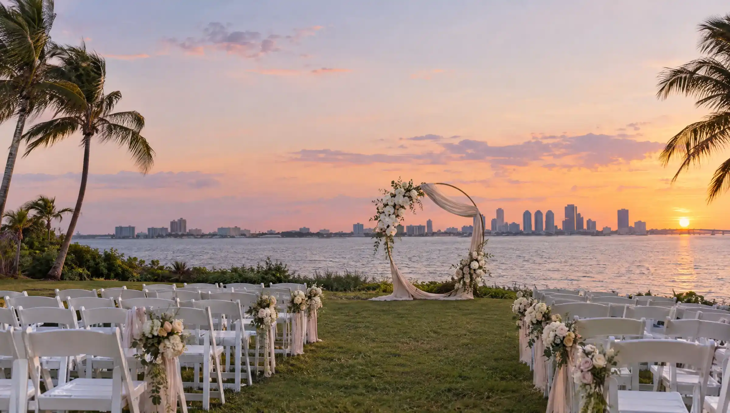 A waterfront wedding ceremony with a round floral arch, white chairs and a city skyline at sunset