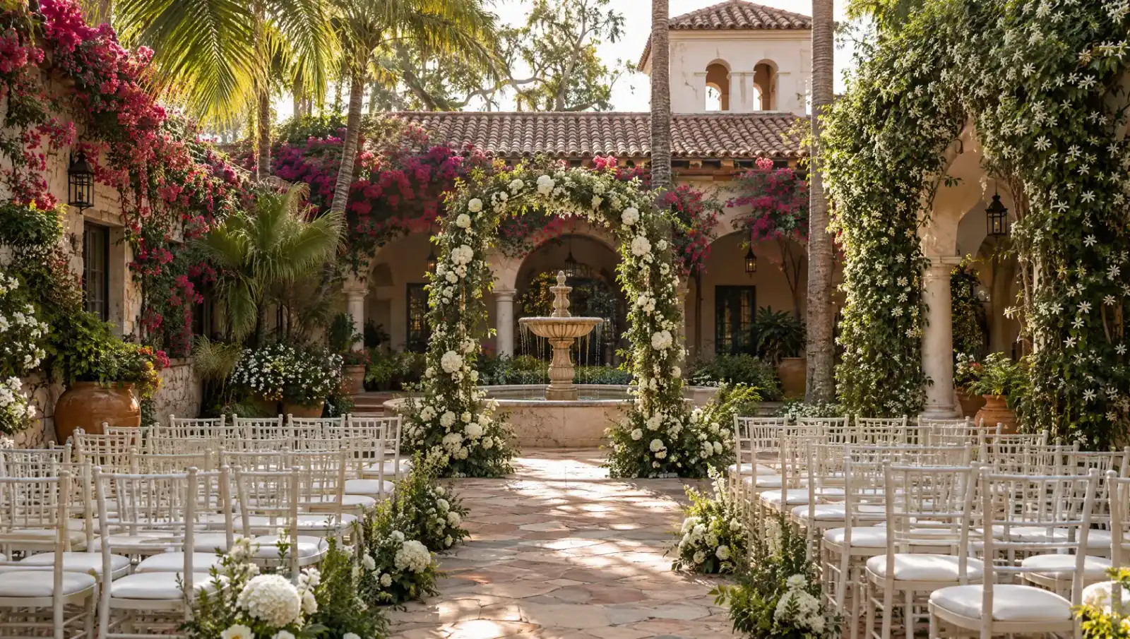 A Spanish-style courtyard with a fountain, a floral arch and white chairs set for a wedding ceremony