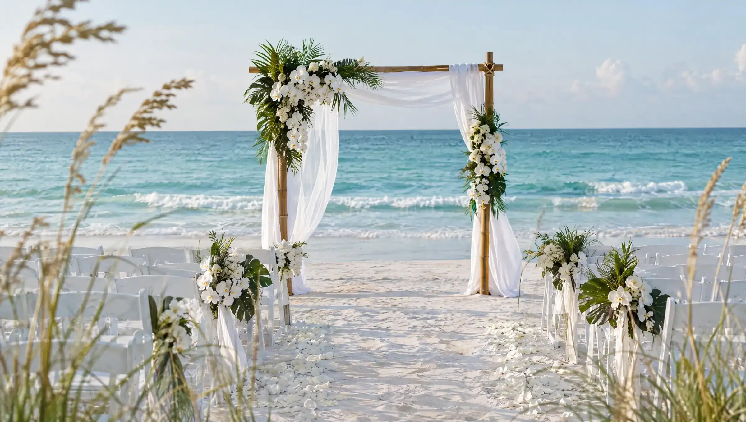 A beach wedding aisle with a bamboo arch, white drapes and tropical flowers beside the Gulf water