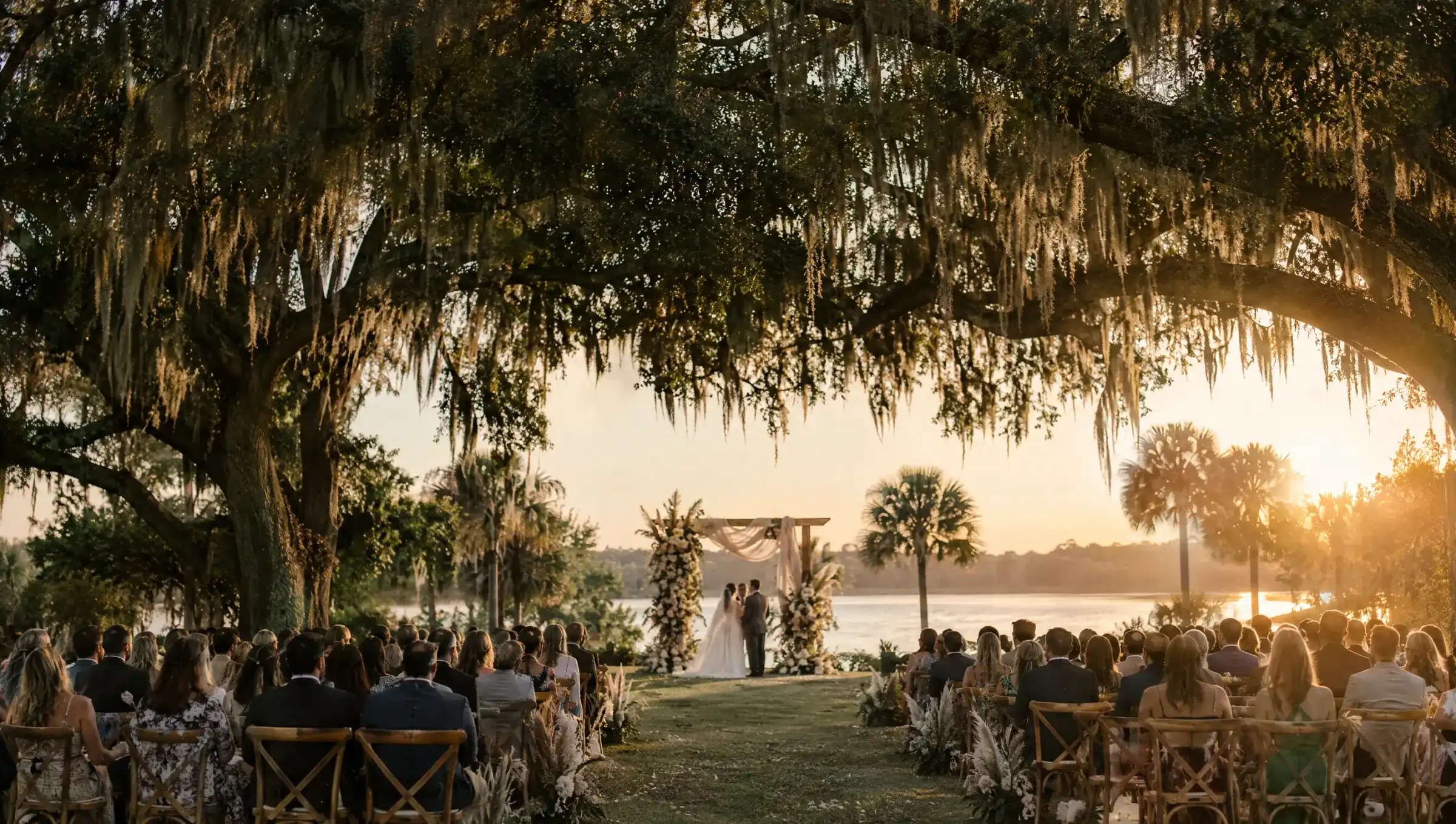 A wedding ceremony beneath a live oak draped in Spanish moss, with guests seated at golden hour beside the water