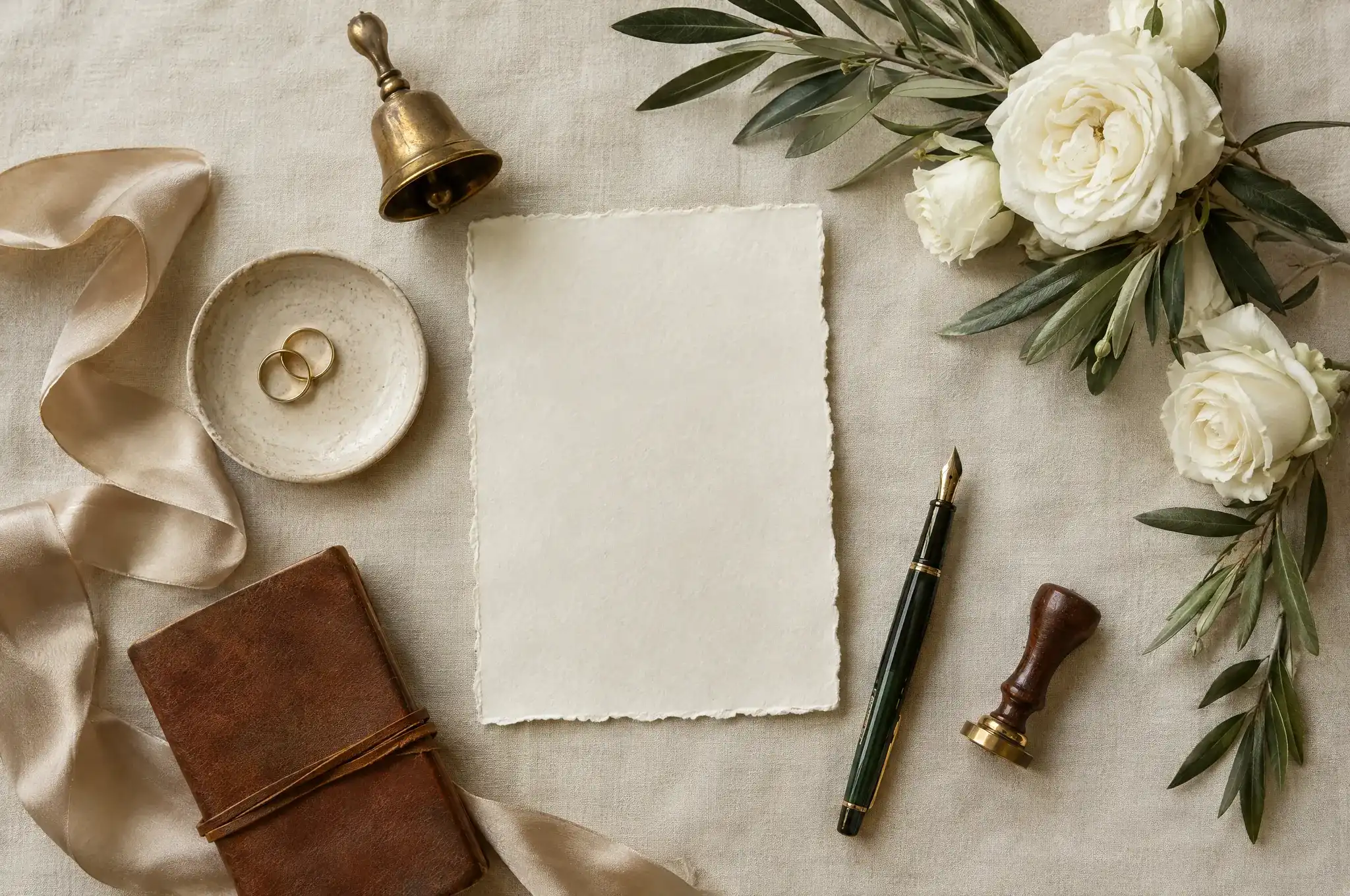 A blank paper card, wedding rings in a dish, a fountain pen, a wax seal and a leather notebook beside white roses and olive