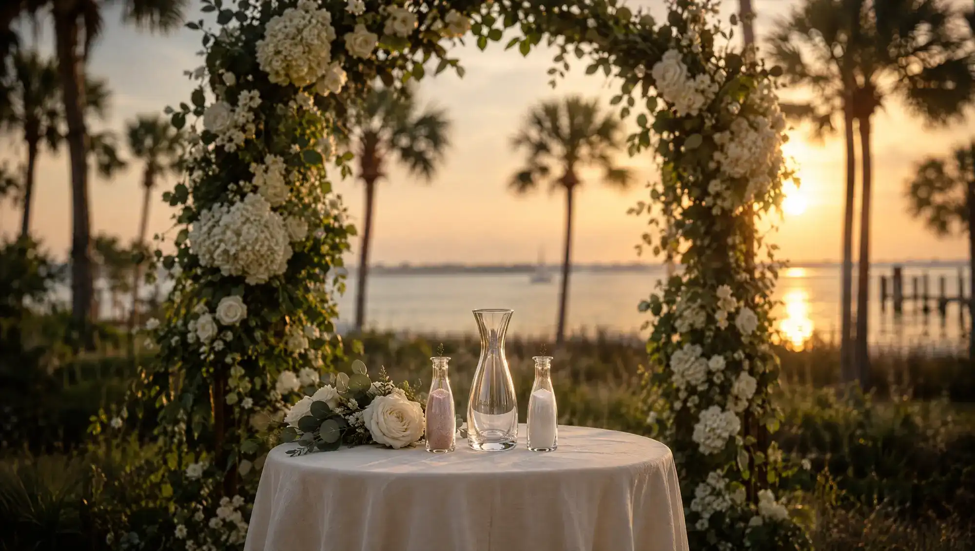A ceremony table with a glass unity sand vessel and two vials of sand beneath a white floral arch by the water at sunset